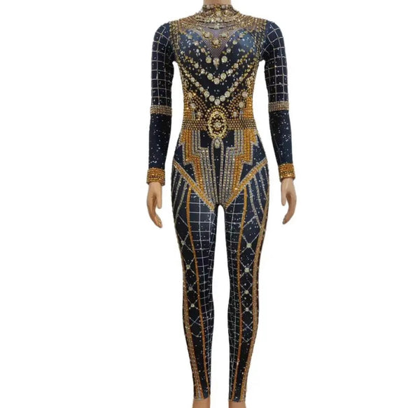 Women Fashion Bling Rhinestone Patchwork Full Sleeve Jumpsuit