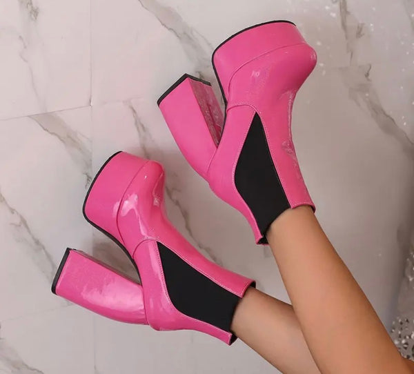 Women Fashion Round Toe Platform Patent Leather Ankle Boots