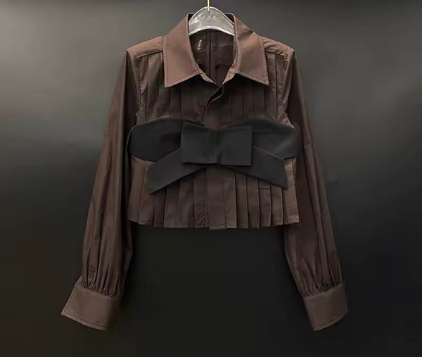 Women Collar Bow Full Sleeve Pleated Fashion Top