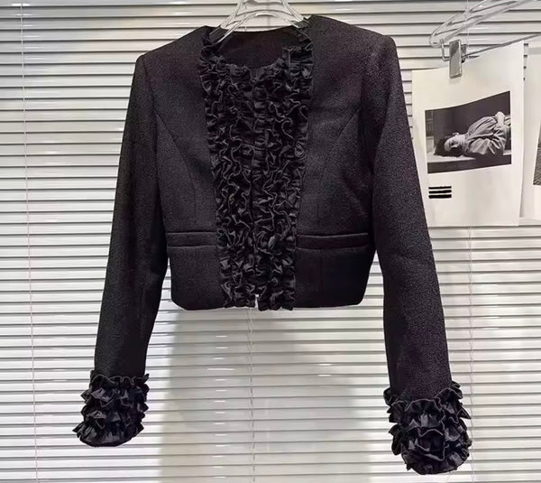 Women Black Floral Fashion Blazer Tweed Two Piece Skirt Set