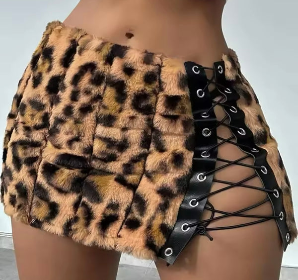 Women Sexy Fashion Leopard Print Lace Up Faux Fur Skirt