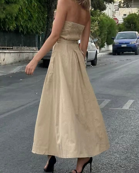Women Sexy Strapless Button Up Belted Khaki Maxi Dress