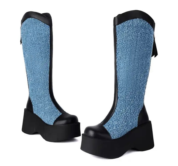 Women Fashion Denim Color Patchwork Platform Knee High Boots