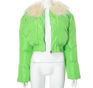 Women Fashion Green Furry Collar Puff Crop Jacket