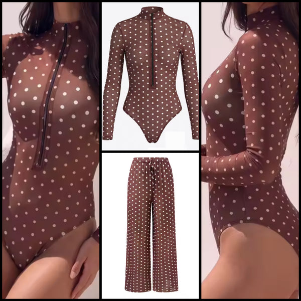 Women Brown Zip Up Full Sleeve Polka Dot Swimsuit Cover Up Set