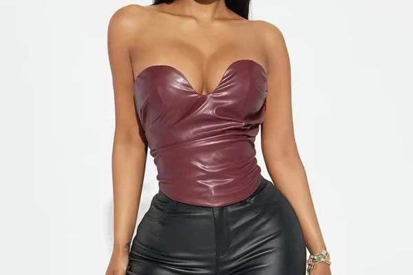 Women Sexy Fashion Strapless Faux Leather Crop Top