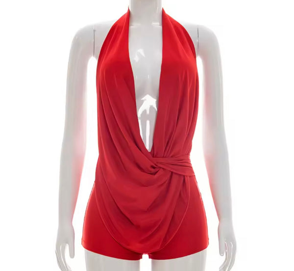 Women Sexy Draped Halter Open Back Sleeveless Romper