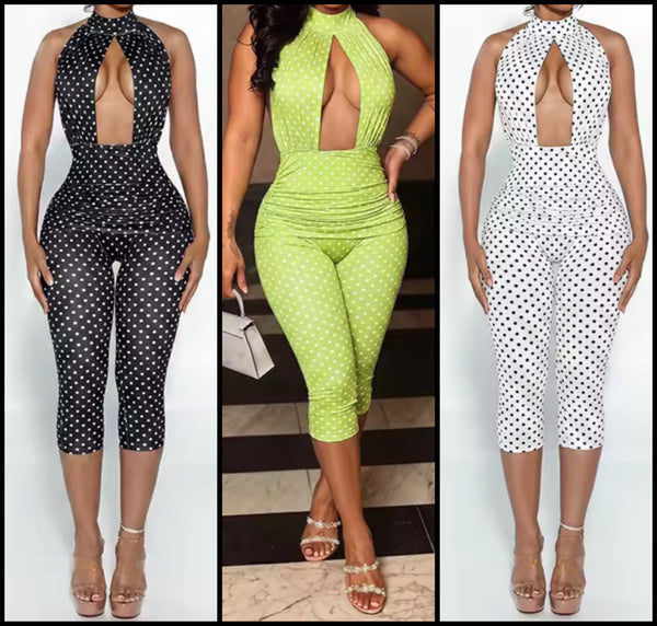 Women Halter Open Back Sexy Sleeveless Polka Dot Jumpsuit