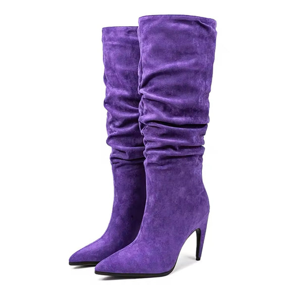 Women Fashion Ruched Suede Knee High Boots