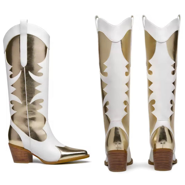 Women Color Patchwork Fashion Knee High Western Boots