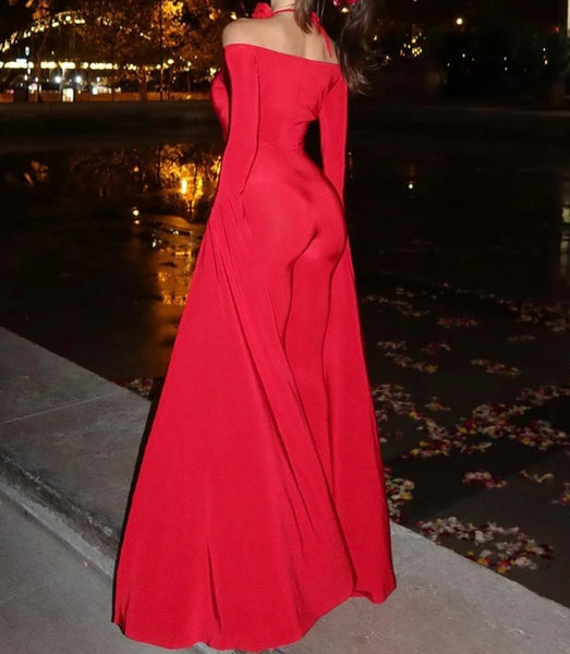 Women Sexy Red Full Sleeve Batwing Off The Shoulder Jumpsuit