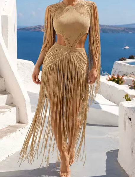 Women Sexy Sleeveless Fringe Tassel Cut Out Dress