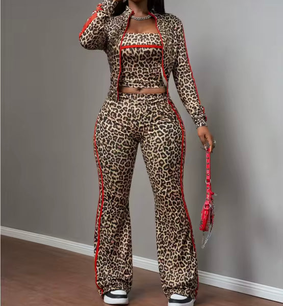 Women Leopard Striped Tracksuit Three Piece Pant Set