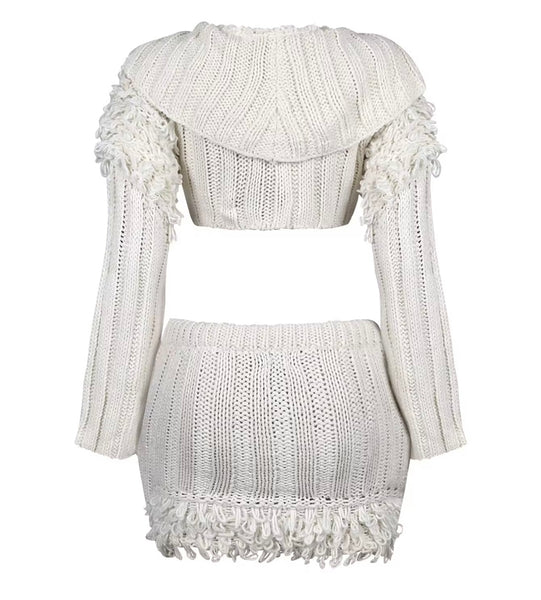 Women Sexy Knitted Fringe Full Sleeve Two Piece Skirt Set