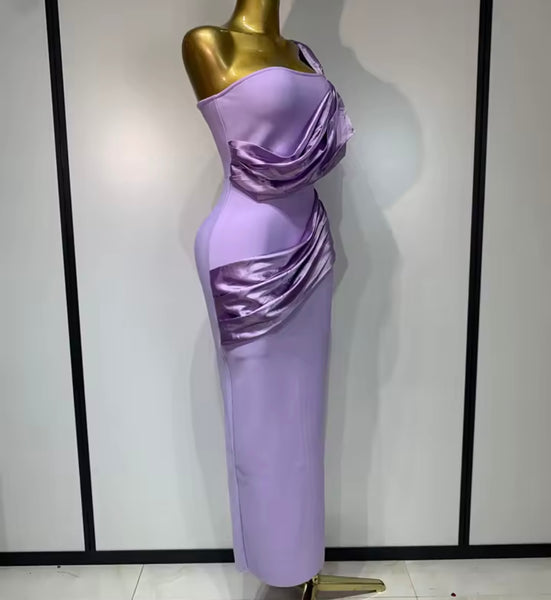 Women One Shoulder Strapless Draped Purple Maxi Dress