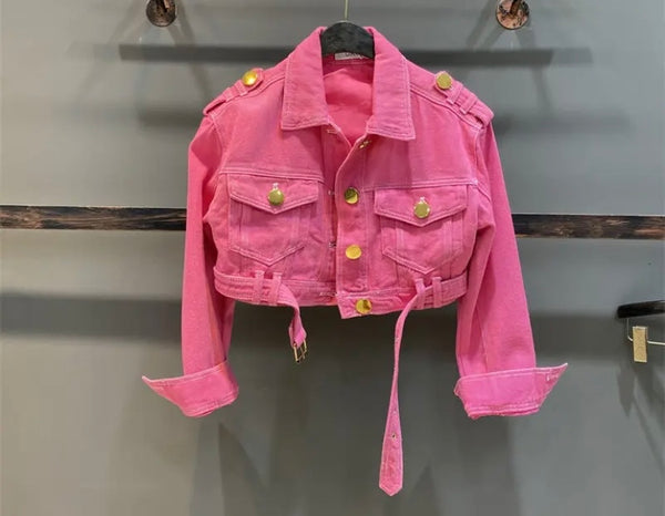 Women Pink Gold Button Belted Fashion Denim Jacket