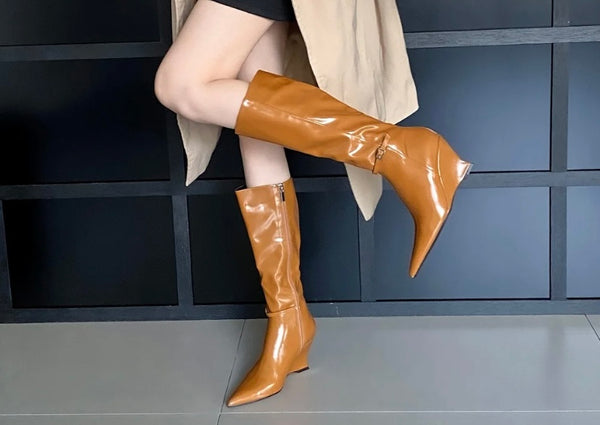 Women Fashion Pointed Toe Patent Leather Buckled Wedge Boots