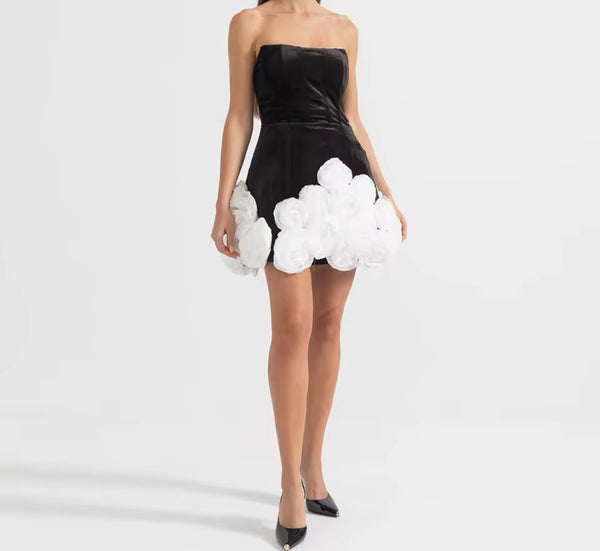 Women Sexy Strapless B&W 3D Floral Dress