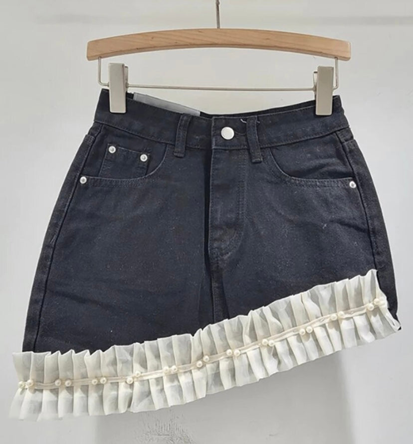 Women Fashion Ruffled Pearl Asymmetrical Denim Skirt