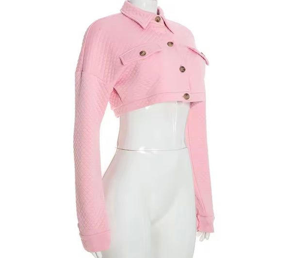 Women Fashion Pink Button Up Quilted Crop Jacket