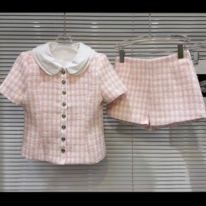 Women Collar Button Up Plaid Two Piece Fashion Short Set