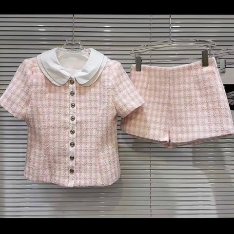 Women Collar Button Up Plaid Two Piece Fashion Short Set