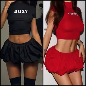 Women Sexy Solid Color Short Sleeve Letter Print Two Piece Skirt Set