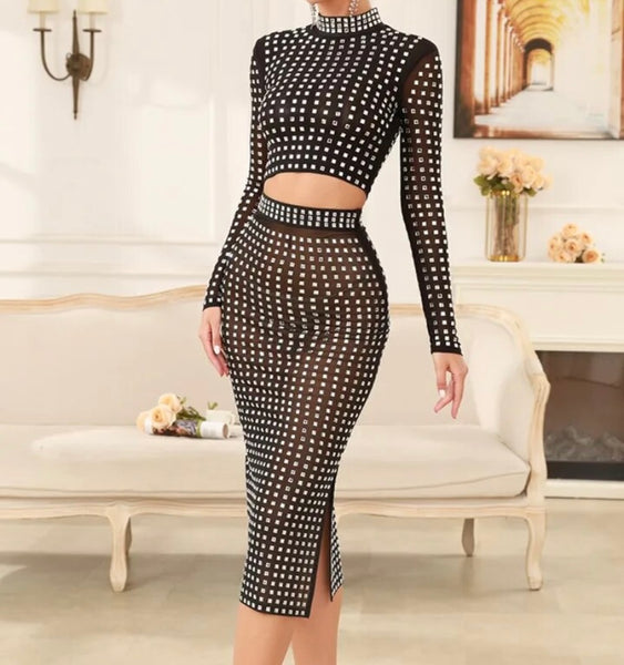 Women Sexy Black Bling Mesh Full Sleeve Crop Two Piece Maxi Skirt Set