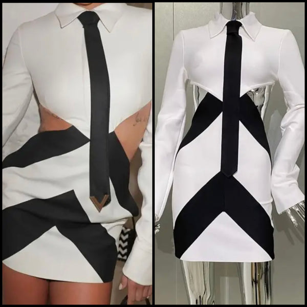 Women Sexy White/Black Tie Full Sleeve Dress