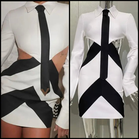 Women Sexy White/Black Tie Full Sleeve Dress