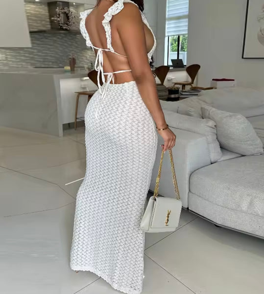 Women White Sleeveless Open Back Sexy Maxi Dress