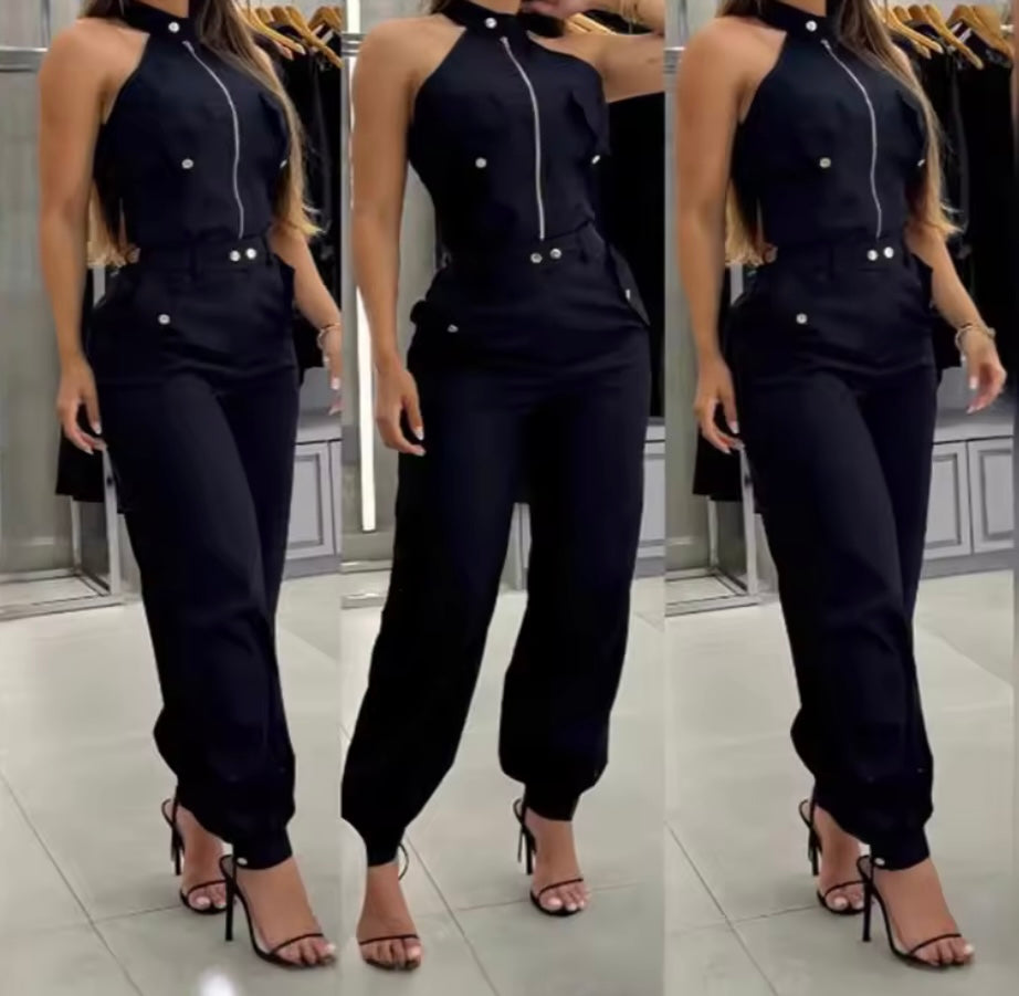 Women Fashion Sleeveless Zip Up Color Two Piece Pant Set