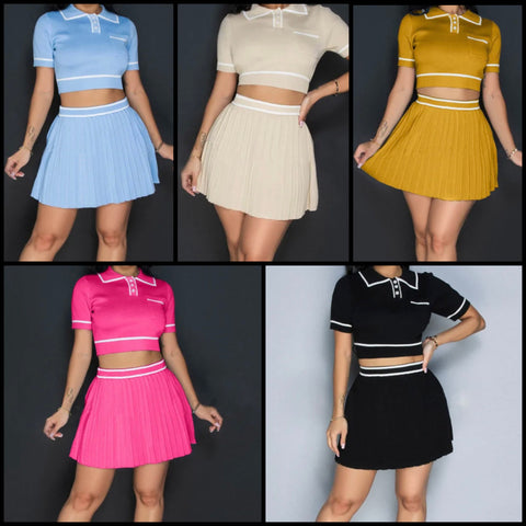 Women Sexy Short Sleeve Color Patchwork Two Piece Pleated Skirt Set