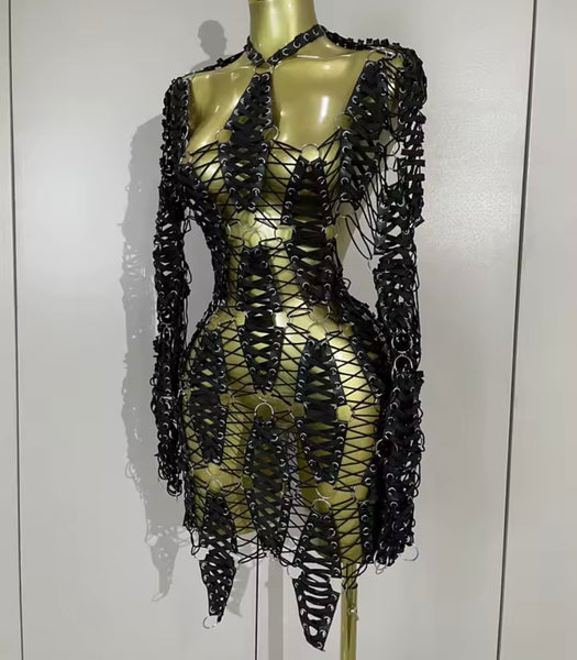 Women Black PU Lace Up Metal Open Back Full Sleeve Dress