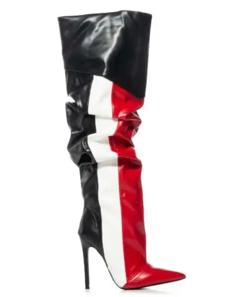 Women Multicolored Striped Fashion Faux Leather Knee High Boots