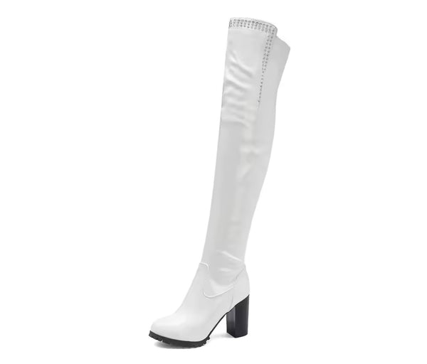 Women Fashion Rhinestone Patent Leather Over The Knee Boots
