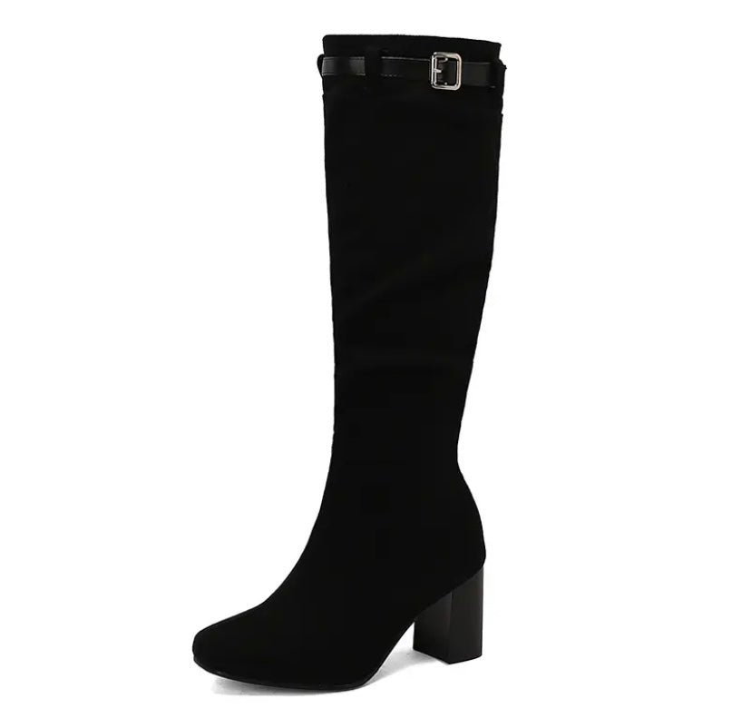 Women Fashion Color Buckled Zip Up Knee High Boots