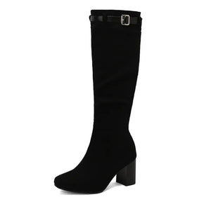 Women Fashion Color Buckled Zip Up Knee High Boots