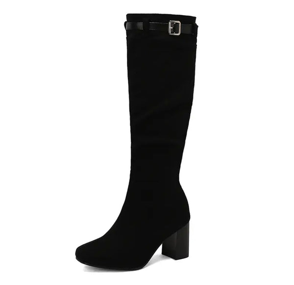 Women Fashion Color Buckled Zip Up Knee High Boots