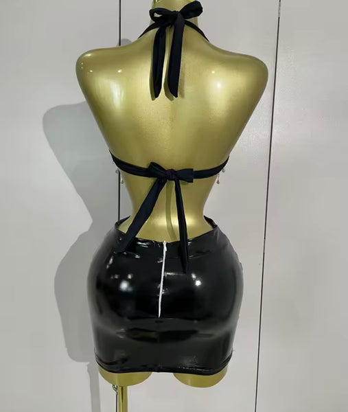 Women Rhinestone Tassel Halter Sleeveless Two Piece PU Skirt Set