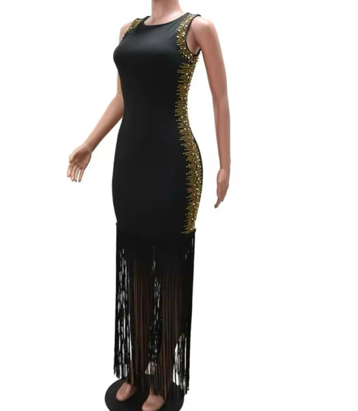 Women Black Beaded Sleeveless Fringe Maxi Dress