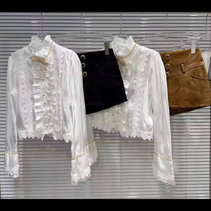 Women Ruffled Button Up Full Sleeve Two Piece Suede Short Set