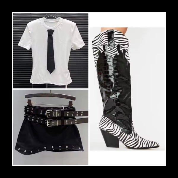 Women Fashion Double Belt Rivet Denim Skirt