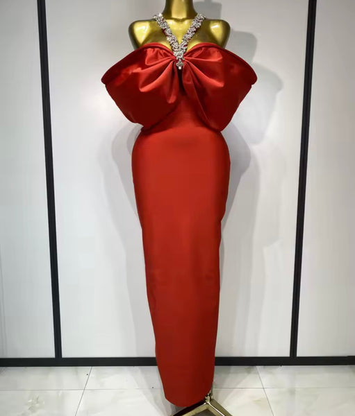 Women Sexy Rhinestone Bow White Maxi Bandage Dress