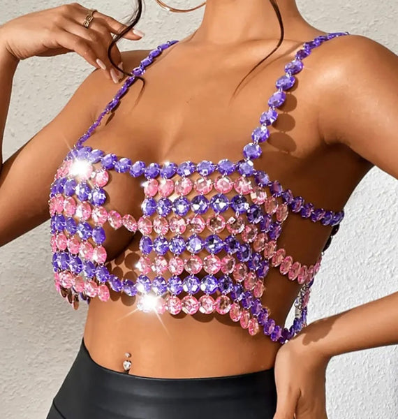 Women Sexy Color Patchwork Crystal Open Back Sleeveless Crop Top