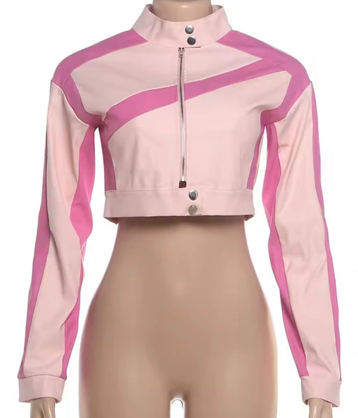 Women Pink Fashion Zip Up Button Faux Leather Crop Jacket