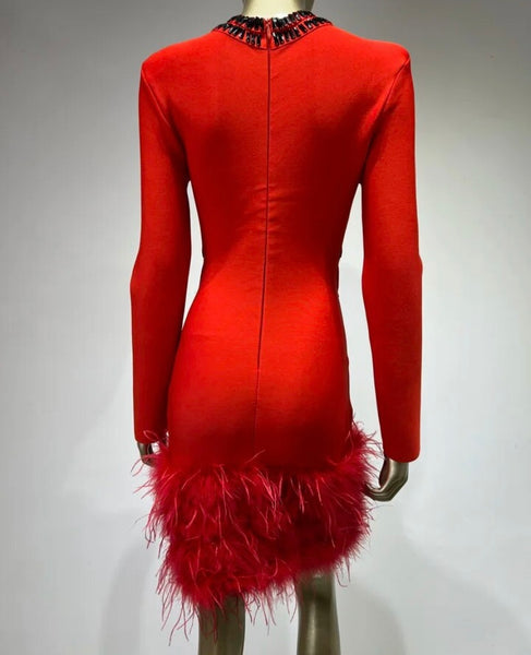 Women Sexy Red Crystal Feather Full Sleeve Dress