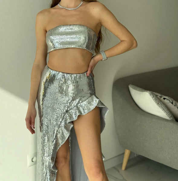 Women Sexy Strapless Sequins Ruffled Two Piece Skirt Set