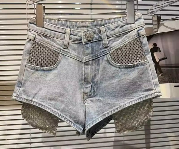 Women Fashion Blue Bling Pocket Denim Shorts
