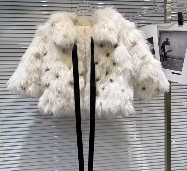 Women Fashion Polka Dot Tie Up Faux Fur Crop Jacket